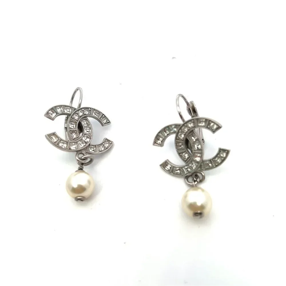 Chanel Chanel CC Faux Pearl & Crystal Silver Tone Drop Earrings
